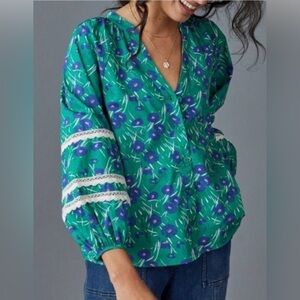 ANTHROPOLOGIE PORRIDGE FLORAL & LACE DETAIL BALLOON SLEEVE TOP, SIZE S.